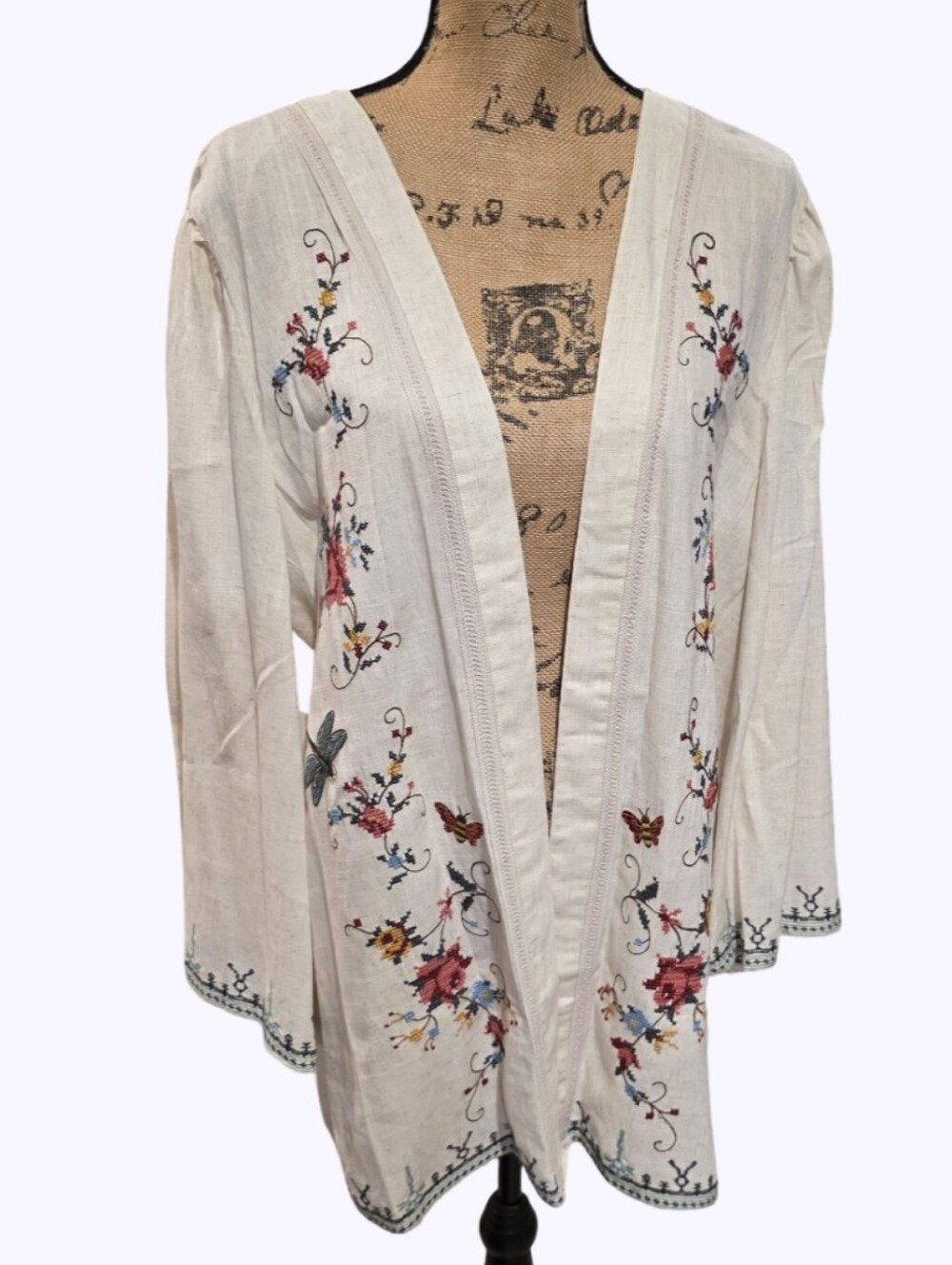 Solitaire Cream Linen Blend Embroidered Floral Butterfly Kimono Cardigan Large